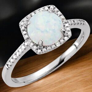 Lab Created Opal and Diamond Halo Ring in 925 Sterling Silver